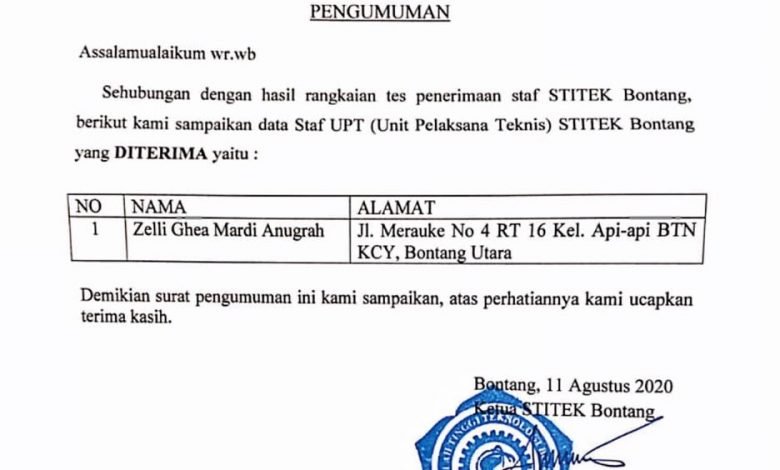 Penempatan Staf STITEK Bontang