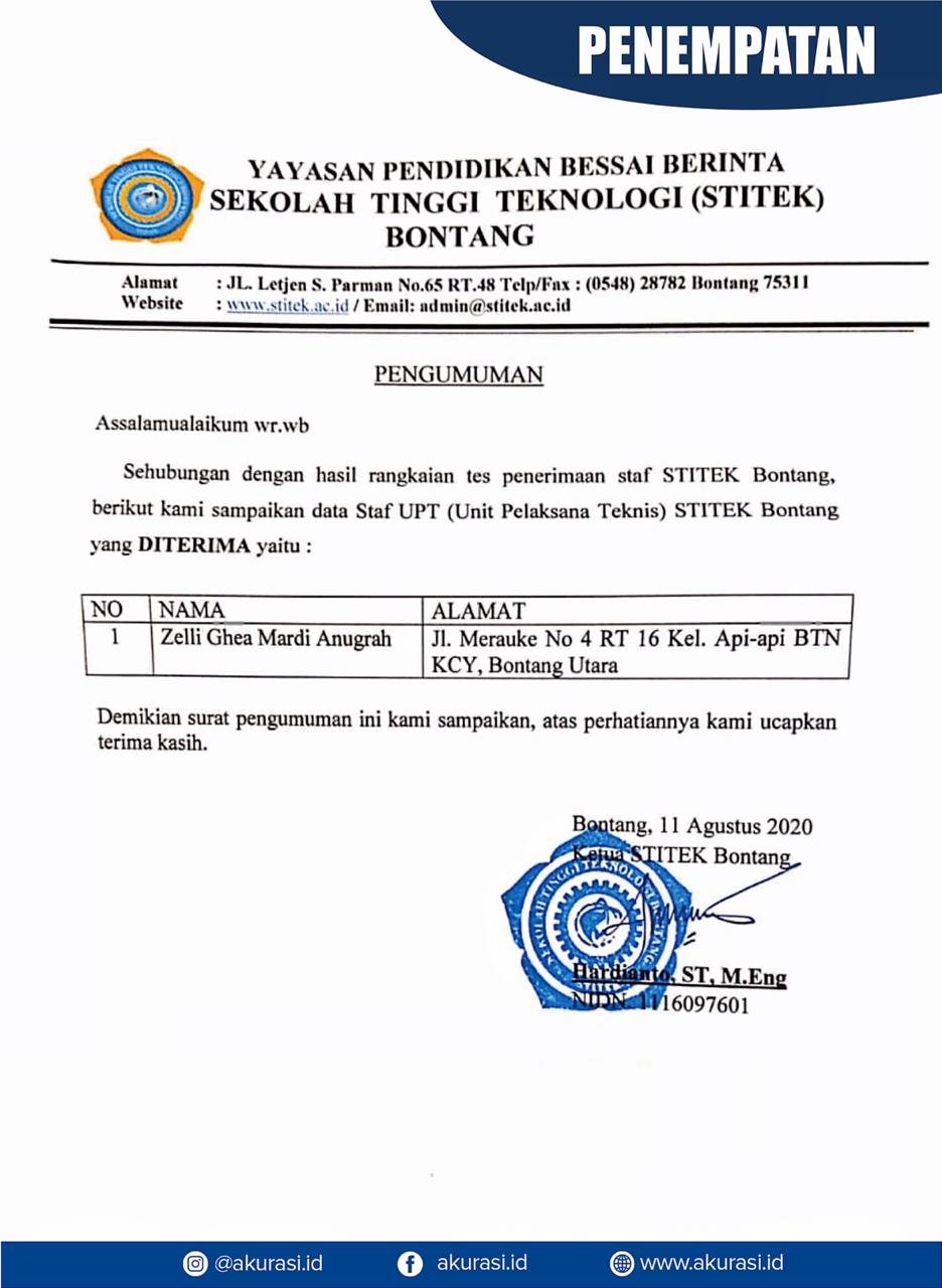 Penempatan Staf STITEK Bontang