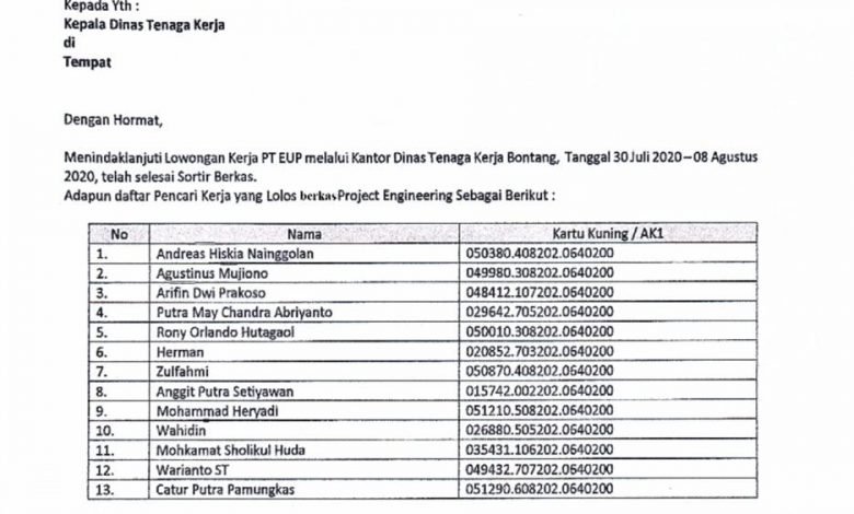 Hasil Seleksi PT Energi Unggu Persada