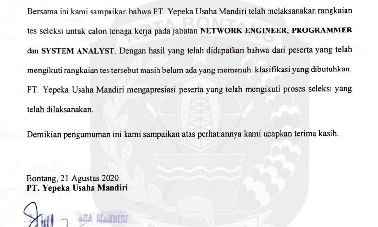 Hasil Seleksi PT YUM