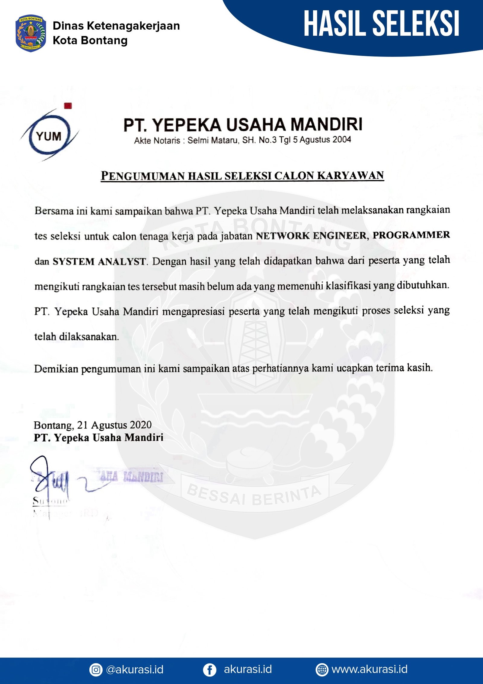 Hasil Seleksi PT YUM