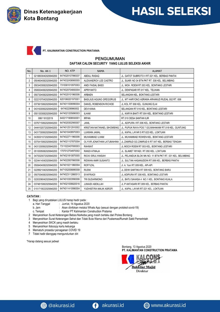 hasil seleksi pt kalimantan construction pratama