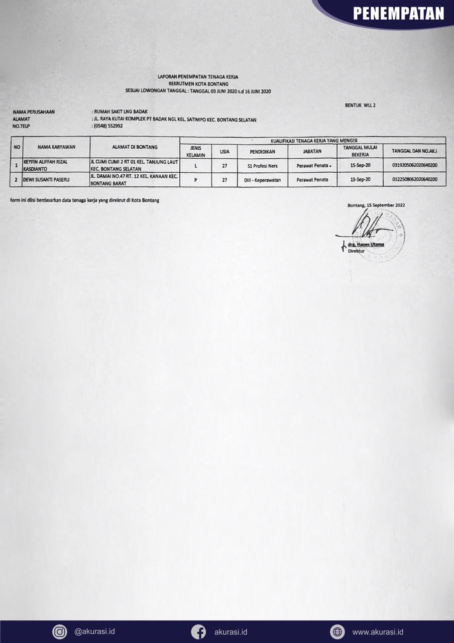 Penempatan Rumah Sakit LNG Badak