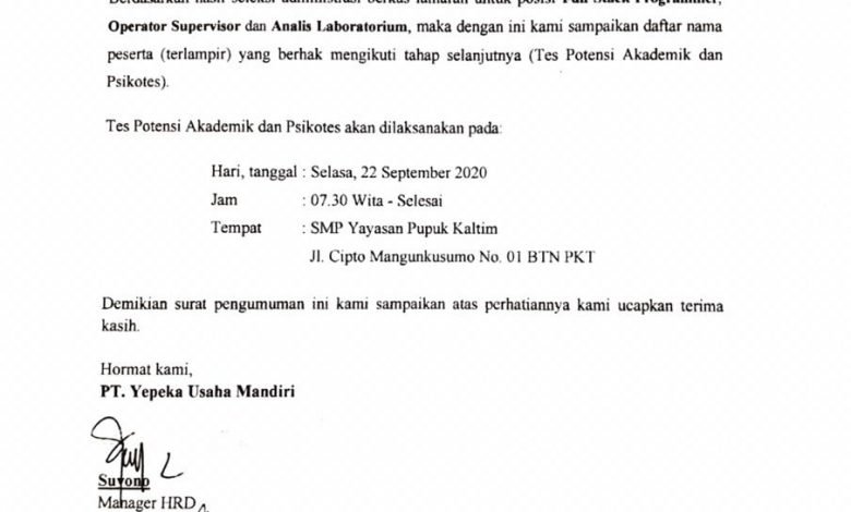Hasil Seleksi dan Penempatan PT Yepeka Usaha Mandiri