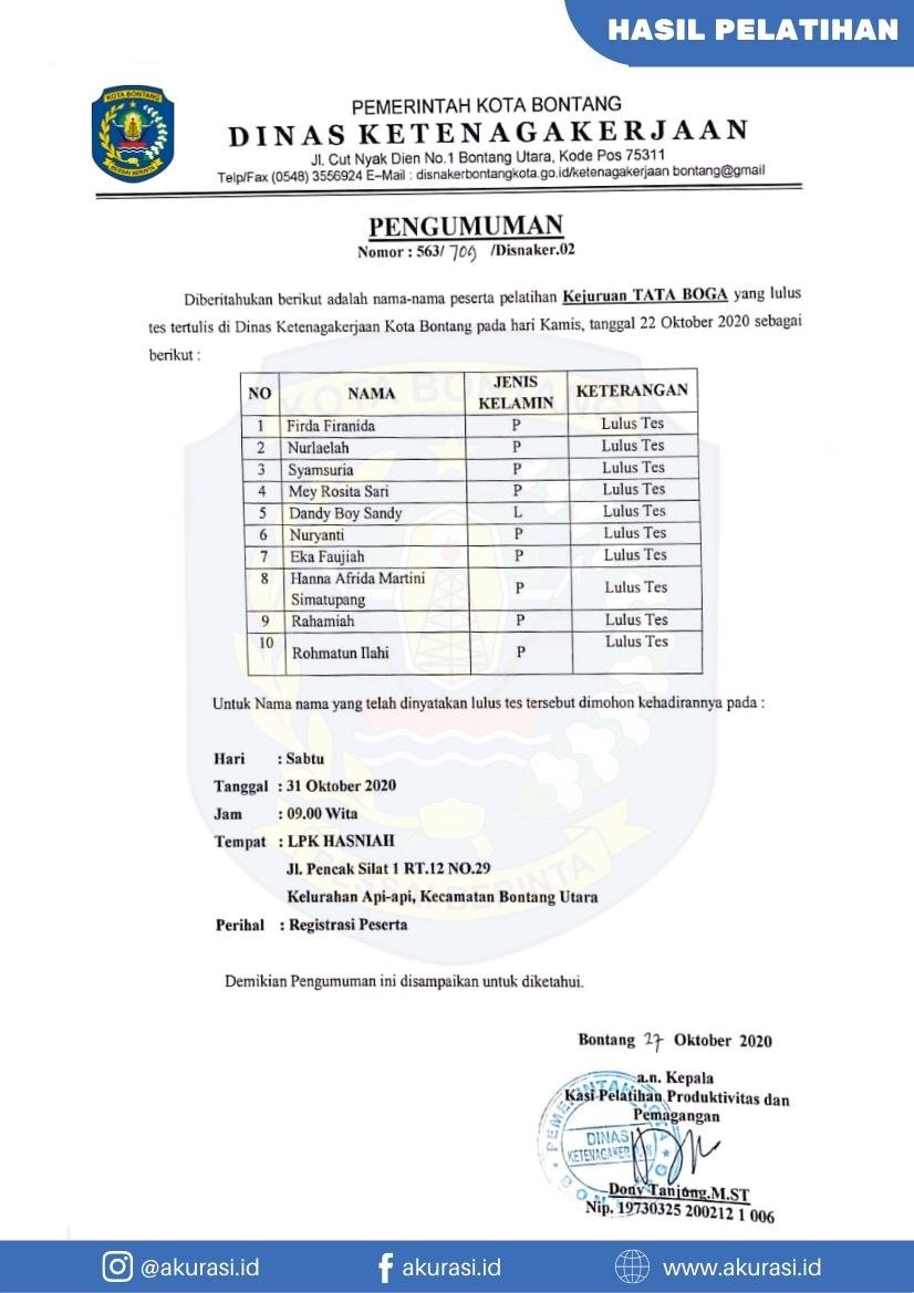 Hasil Seleksi Pelatihan Kejuruan Tata Boga
