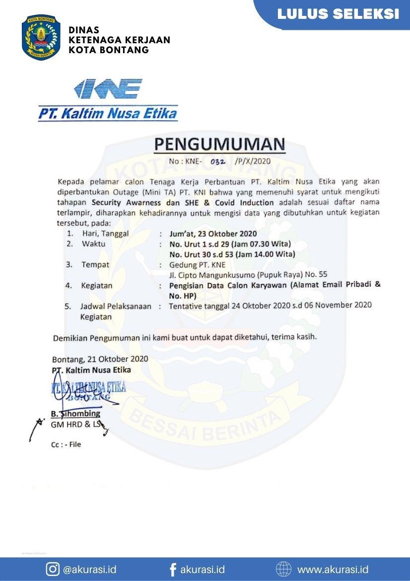 Pengumuman Lulus Seleksi PT Kaltim Nusa Etika Oktober