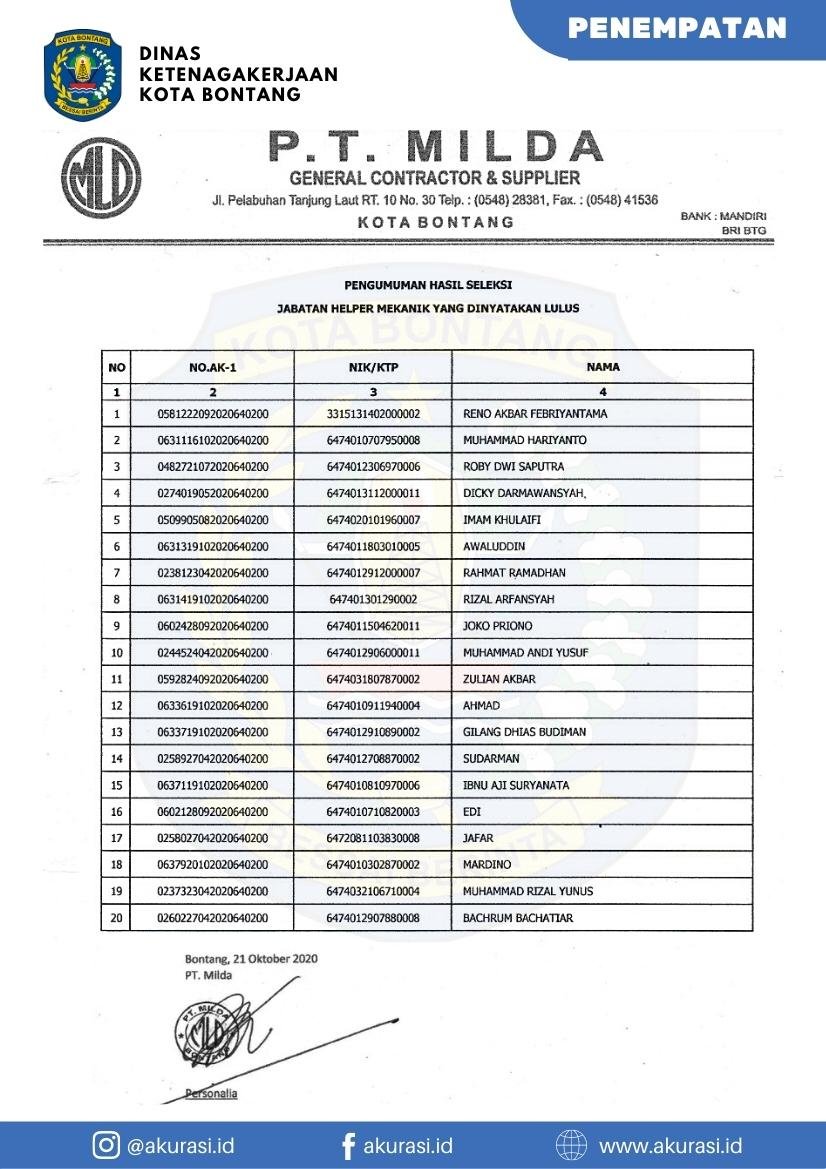 Pengumuman Penempatan PT Milda Oktober