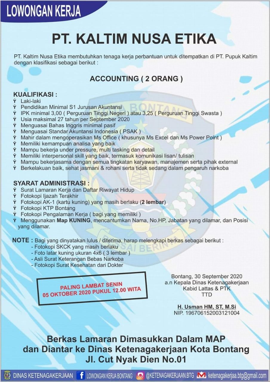 Lowongan Kerja Oktober Bontang PT Kaltim Nusa Etika