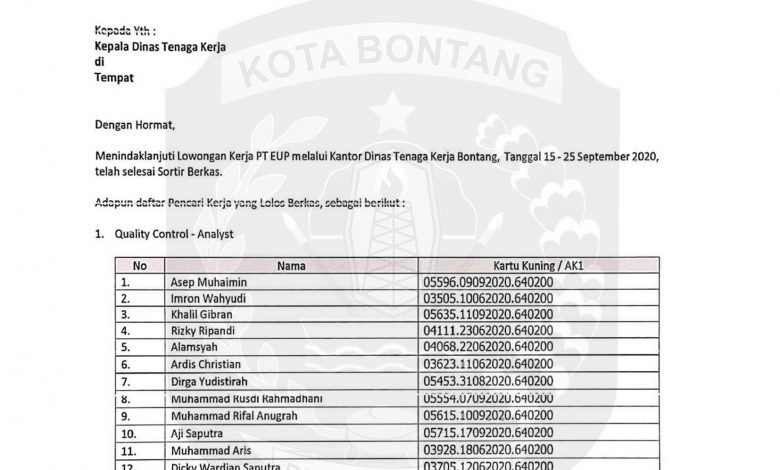 Hasil Seleksi PT Energi Unggul Persada Oktober