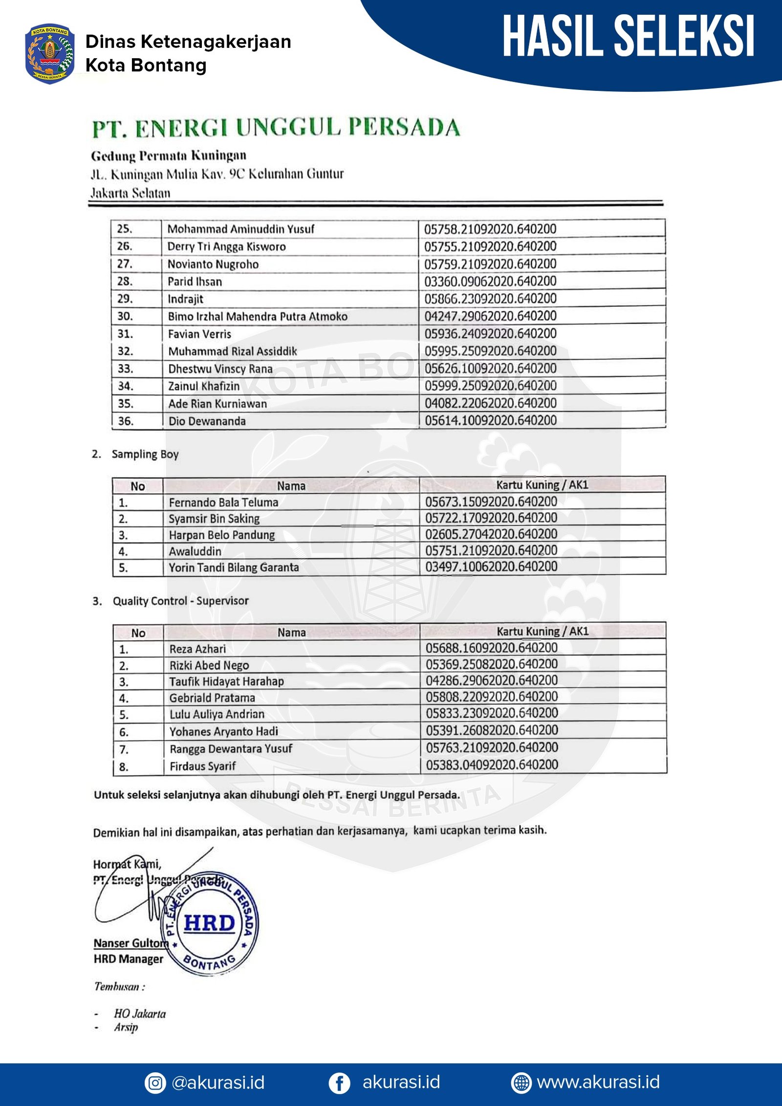 Hasil Seleksi PT Energi Unggul Persada Oktober