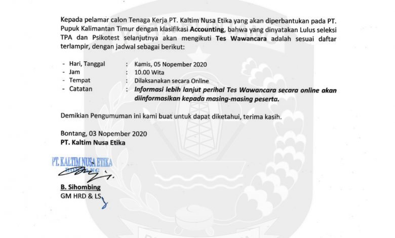 Hasil Seleksi PT Kaltim Nusa Etika