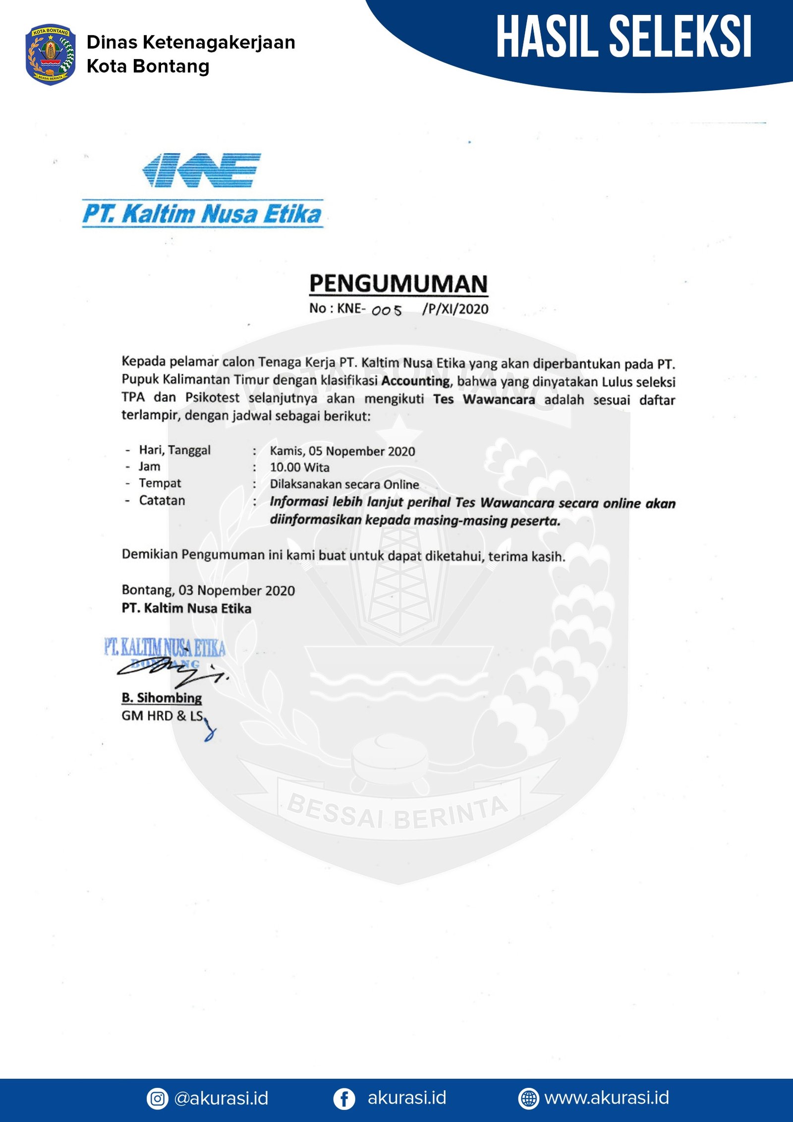 Hasil Seleksi PT Kaltim Nusa Etika