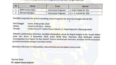Hasil Seleksi PT Kaltim Parna Industri November