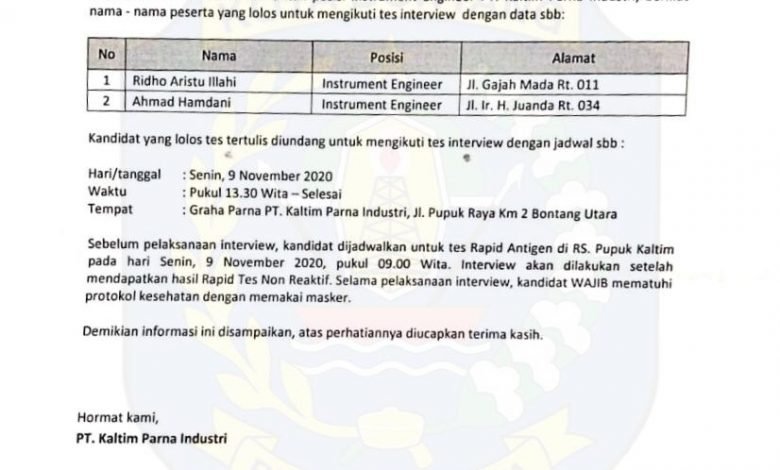 Hasil Seleksi PT Kaltim Parna Industri November