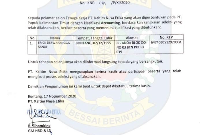 Penempatan PT Kaltim Nusa Etika November